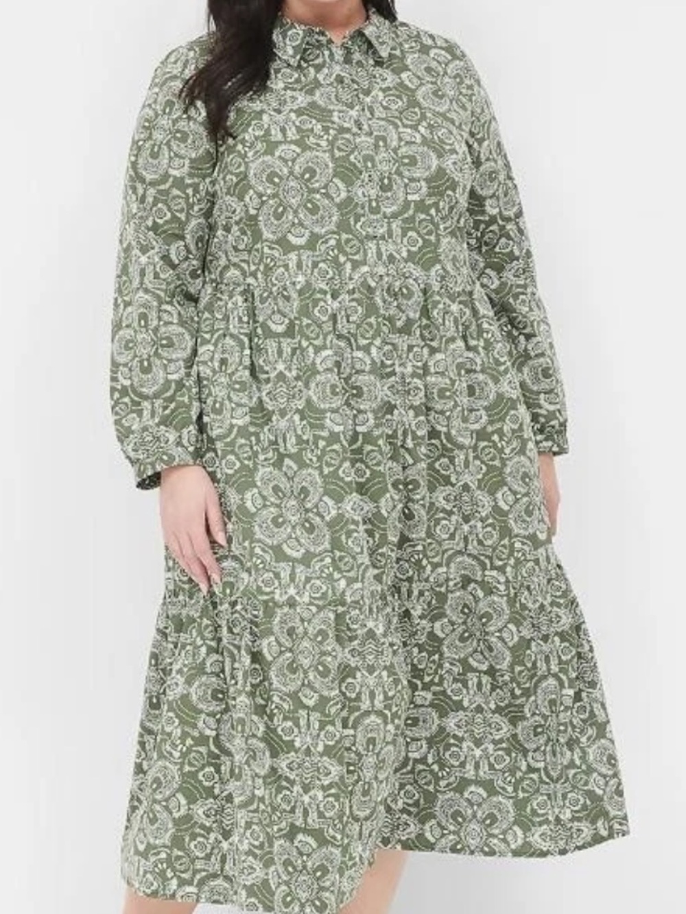 NWT Lane Bryant Olive Green Floral Tiered Button-Front Midi Dress, Fall 💚💚💚